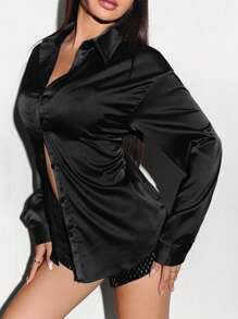 SHEIN Unity 长袖纯色有领纽扣衬衫 - 黑色 - 查看 3