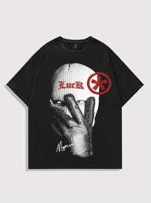 ROMWE MEN Street Life Camiseta de manga corta para hombres con estampado de retrato, adecuada para uso diario en primavera y verano, escuela - Negro - Ver 1
