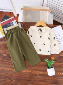 2pcs/Set Baby Girl Cactus Print Long Sleeve Outfit Set - Green - View 2