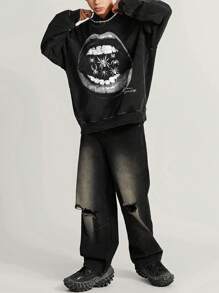 Manfinity Roghcode Áo nỉ trùm đầu họa tiết nhện đen cổ điển tay dài màu đen, phong cách đường phố cổ điển, phong cách Gothic tối giản màu đen và trắng cho nam. - màu đen - Xem 4