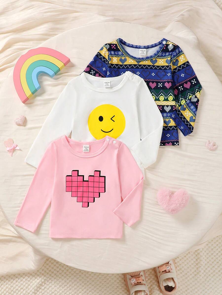 3pcs/Set Cute Printed Long Sleeve Casual Tops For Baby Girls - Multicolor - View 1