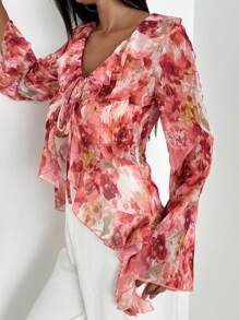 Firerie Women's Ruffle Tie Front Bell Sleeve Floral Print Chiffon Blouse - Multicolor - View 4