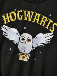 HARRY POTTER X SHEIN Young Girl Hathaway Cartoon Print Black Casual Long Sleeve Crew Neck Sweatshirt, Spring Autumn - Black - View 3