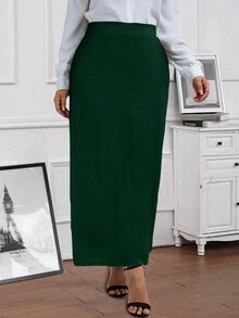 EMERY ROSE Falda larga recta de cintura alta de unicolor para mujeres de talla grande - Verde Oscuro - Ver 3