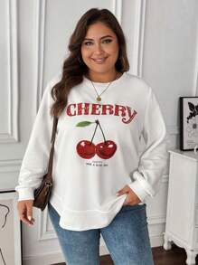 SHEIN LUNE Winter Clothes Casual Raglan Sleeve Cherry Pattern Patchwork Hem Plus Size Sweatshirt - White - View 5