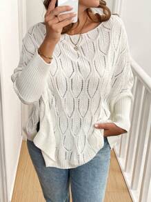 SHEIN LUNE Suéter holgado de cuello ancho en blanco con textura, informal para mujer de talla grande, atuendos de vacaciones, blusas de estilo campestre - Blanco - Ver 3