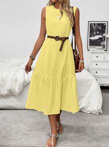 Pariaura 女士宽松休闲圆领无袖荷叶边下摆褶皱纹理面料连衣裙长款女装 - 黃色 - 查看 7