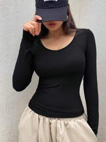 DAZY 女士深 V 领保暖修身 T 恤，黑色长袖