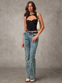 SHEIN BAE Gorset z nadrukiem w panterkę, czarny, odpinany, świąteczny, odzież koncertowa/stroje na randki/topy, urocze topy, seksowny, pusty, seksowny gorset, kostium na Halloween, jesienne ubrania damskie, stroje na festiwal Rave - Czarne - Zobacz 7