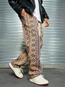 Manfinity RSRT Men's Fashionable Casual Geometric Pattern Textured Jacquard Long Baggy Pants, Going Out Long Straight Leg Slacks Pants, For Husband, Boyfriend Gifts, Fall