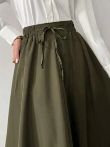 Modelyn 女士纯色系带半身裙，秋冬复古优雅风格，完美适用于商务/工作/鸡尾酒会/婚礼/日常/毕业典礼等场合。 - 軍綠色 - 查看 3