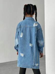 SHEIN Explorewe Tween Girls Y2K Streetwear Casual College Frayed Distressed Long Denim Jacket, Versatile Chic Fashion Item For Spring, Fall And Winter - Medium Wash - View 2
