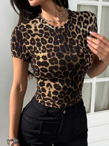 SHEIN EZwear 4pcs/Set Women's Leopard & Zebra Print Milano Pattern Round Neck Short Sleeve Fitted T-Shirts, Summer Wear