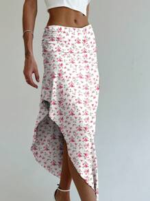 Aloruh Young Women's Romantic Floral Print Low Waist Slit Flare Hem Solid Color Pleated Long Skirt - Multicolor - View 6