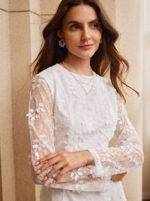 Anewsta Vestido mini blanco de encaje con cuello redondo y silueta evasé - Blanco - Ver 2