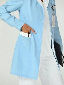 TaskEZ White Coat Long-Sleeved Female Doctor Uniform Nurse Uniform Short-Sleeved Winter Coat Uniform Pharmacy Uniform Surgical Gown - Blue and White - View 6