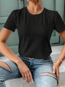 SHEIN Frenchy Solid Eyelet Embroidery Round Neck White Tee Commute Minimalist Office Old Money  Simple  Commute Minimalist Office Old Money  Simple Black