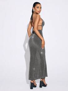 SHEIN SXY Czarna sukienka wieczorowa, srebrna sukienka z brokatem, seksowna sukienka damska, sukienka z wycięciami - Czarne - Zobacz 5