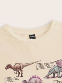 SHEIN EZwear Tricou cu mânecă scurtă, cu mânecă scurtă, cu imprimeu de dinozaur, minimalist, casual, pentru femei, amestec de bumbac - Bej - Vizualizare 6