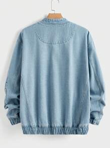Manfinity Hypemode Plus Size Men's Light Blue Plain Washed Casual Baseball Denim Jacket, For Going Out