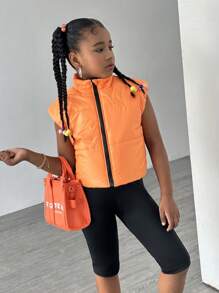 SHEIN 2 sztuki/zestaw Tween Girl Racing Pattern Kombinezon i pomarańczowa wyściełana kamizelka Zimowy strój