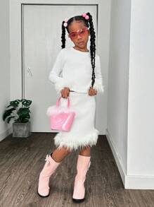 Tween Girl Casual Party Knit Warm Solid Fluffy Trim Crew Neck Long Sleeve Set