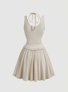 SHEIN MOD Vestido corto sin mangas de color camello con manga abullonada, encaje calado, recorte con volantes. Vestido de otoño, vestido de baile, atuendo de mujer para crucero, vestido de graduación corto, atuendo para cena, atuendo de cumpleaños de mujer