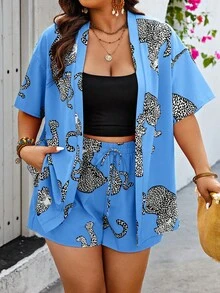 SHEIN Holidaya 2 chiếc áo len cardigan tay ngắn họa tiết da báo cỡ lớn dành cho nữ và quần short rộng rãi - Màu xanh nhạt - Xem 3