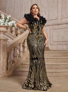 SHEIN Belle Vestido de noche elegante estilo cola de sirena con volantes y lentejuelas de champán de lujo de talla grande, vestido de graduación formal negro para invitada de boda, cena o fiesta - Negro - Ver 7