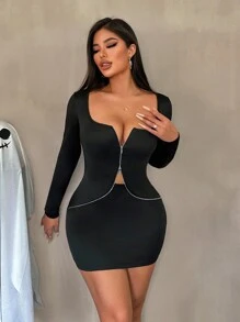 VaVaBold 女士纯色方领双拉链连衣裙 - 黑色 - 查看 1