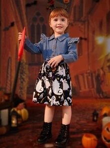 Vestido casual colegial estilo azul jeans patchwork desenho animado e estampa gráfica de Halloween, outono/inverno