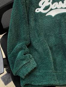 SHEIN 1 件休闲舒适百搭保暖手写字母印花羊毛高领运动衫，适合青少年男孩，秋冬季 - 綠色 - 查看 3