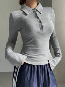 DAZY 女式纯色高领T恤，秋装 - 灰色 - 查看 5