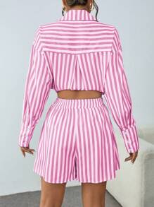 Chiquease Striped Print Twist Front Long Sleeve Shirt And High Waisted Shorts Streetwear Casual Outfit