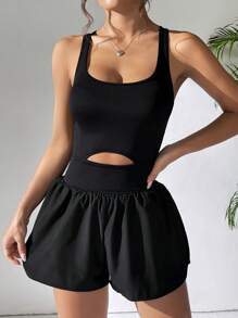 SHEIN EZwear 純色中空背部十字紋帶無袖運動修身連體褲,附有冷感散熱功能 - 黑色 - 查看 1