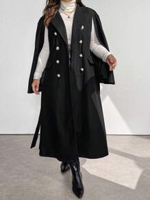 SHEIN Clasi Plus Size Women's Solid Color Simple Everyday Cape Sleeve Knitted Coat - Black - View 3