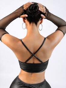 SHEIN ICON Y2k Rave Festival tenues haut pour femme avec grille ajourée asymétrique patchwork manches 2 en 1 - Noir - Voir 2