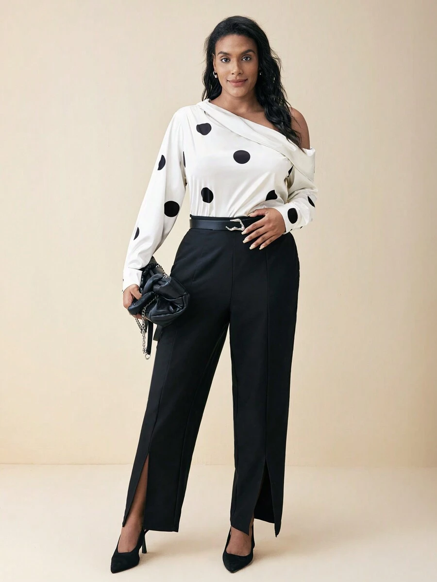 BizChic Plus Size Elegant Polka Dot Print Asymmetrical Neck Blouse, Spring Autumn - Black and White - View 1