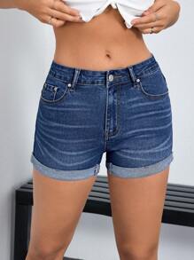 SHEIN EZwear 女士休闲破洞毛边修身牛仔短裤、夏季牛仔短裤 - 藍色 - 查看 2