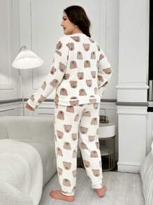 Plus Size Bear Print Flannel Long Sleeve Fluffy Pajama Set, Fall Winter Clothes - White - View 2