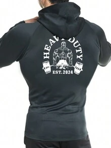 Manfinity Sport Corelite Boyfriend Style Men's Letter Print Hooded Long Sleeve Pullover Sweatshirt, Active Wear Graphic Gym Sports Sweatshirt