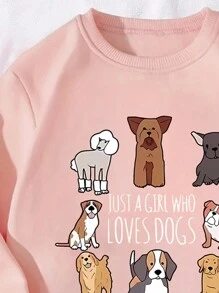 Young Girl Casual Cute Cartoon Puppy & Letter Print Basic Crew Neck Sweatshirt