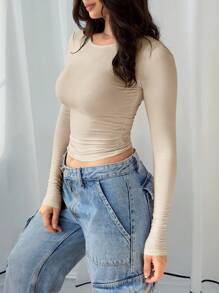 Áo thun nữ cổ tròn tay dài xếp ly ôm vừa vặn thanh lịch & đa năng, phù hợp cho mùa hè và mùa thu/đông - Màu be - Xem 6