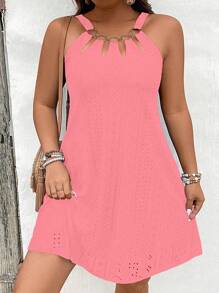 Calvaya Plus Size Spaghetti Strap Round Ring Split Hem Sleeveless Bodycon Elegant Dress - Watermelon Pink - View 3