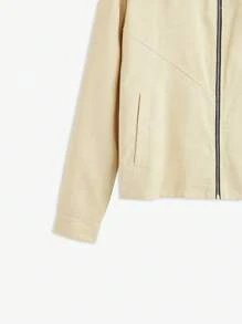 AKNOTIC Business Casual Men Loose Fit Long Sleeve Zip-Up Color Block Deconstructed Short Jacket, For Fall Winter - Apricot - View 9