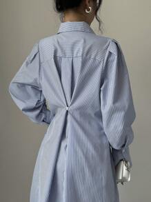 Elenzga 女士优雅通勤泡泡袖收腰条纹衬衫裙 - 藍色 - 查看 6