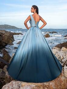 Faeriesty One Shoulder Ombre Satin Formal Prom Dress - Blue - View 2