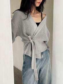 DAZY Women V-Neck Tie Front Solid Color Long Sleeve Cardigan - Grey - View 5