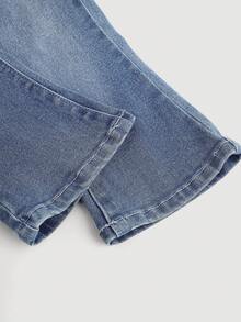 SHEIN Quần ống loe denim dễ thương cho bé gái có cạp chun, túi, quần jeans xanh co giãn cổ điển, quần áo thu đông cho bé gái - Rửa tối - Xem 5