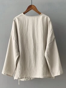 Plus Size Women's Linen Blend Tie Front Top, Loose Vintage Top - Beige - View 2